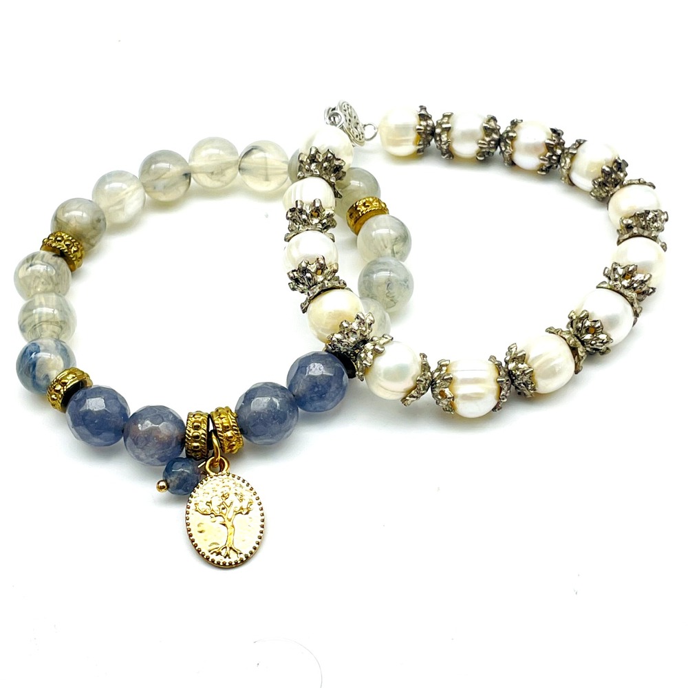 Blue White Beaded Bracelet Lot of 2 Tree of Life Charm Stretch Boho
